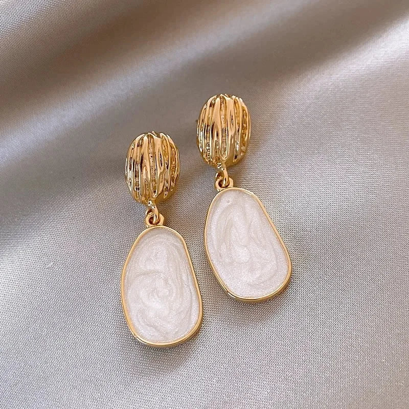 White Enamel Oil Oval Dangle Earrings